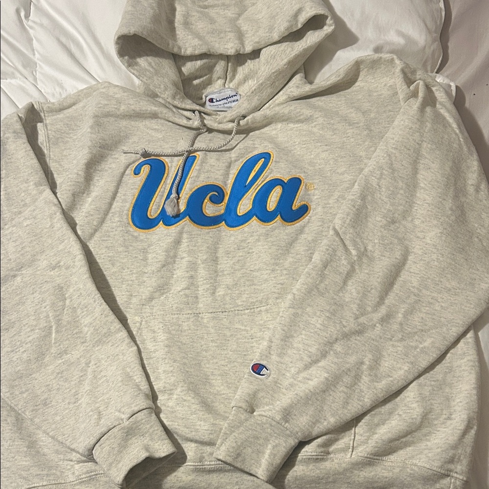 Champion UCLA Script Crewneck Hoodie - Light Heather Gray with Blue & Gold Logo